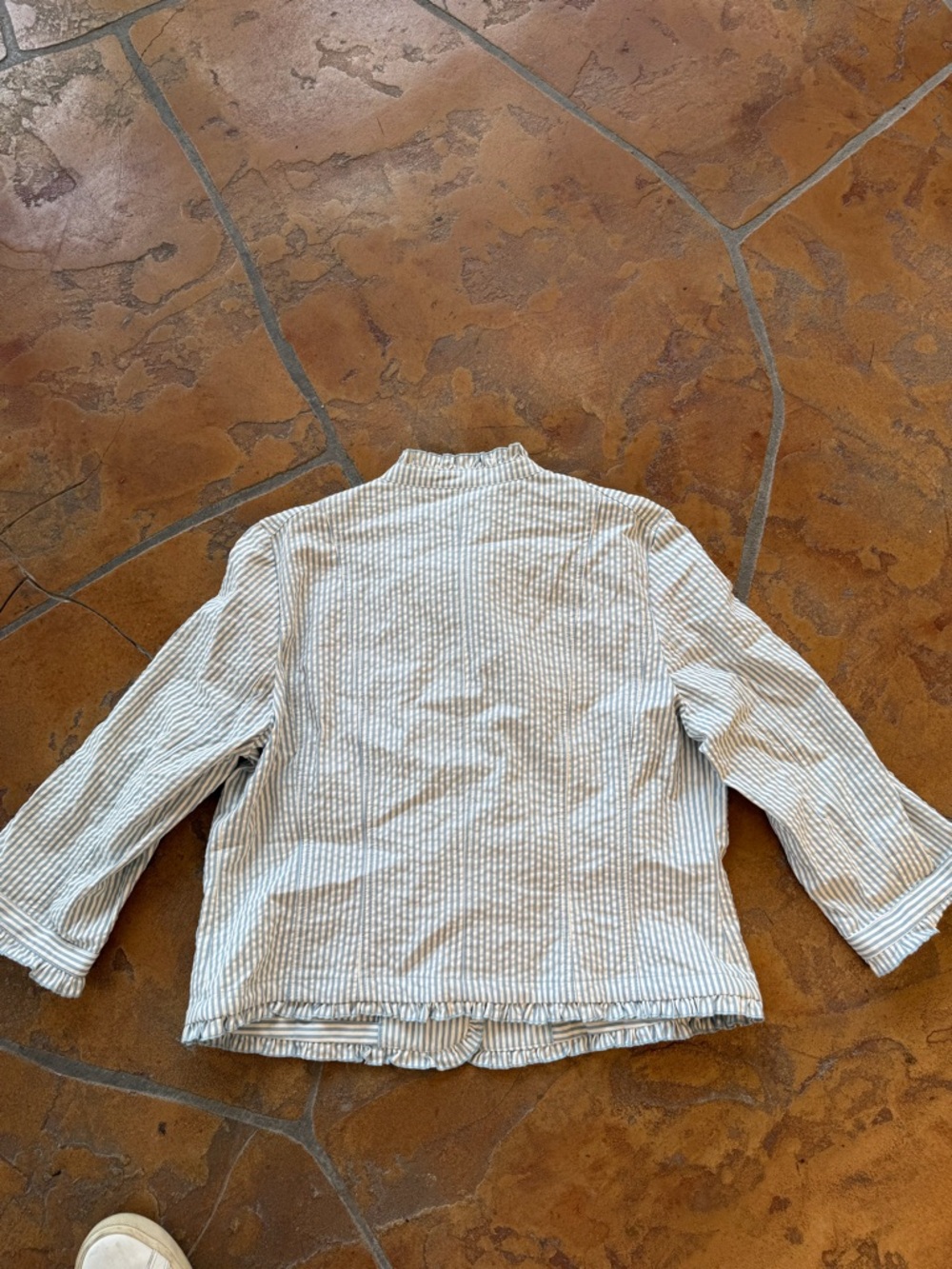 Sandro Women's Ruffled Seersucker Striped Cotton Button Up Blazer XL - Picture 3 of 8